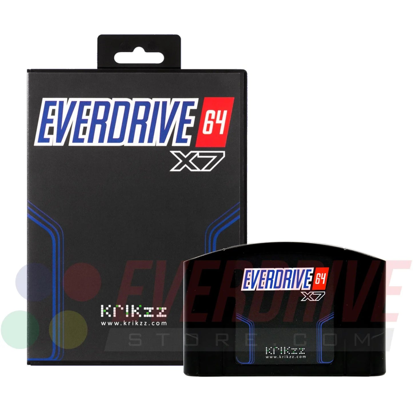 Everdrive 64 X7 Black by Krikzz for N64 in front of its case