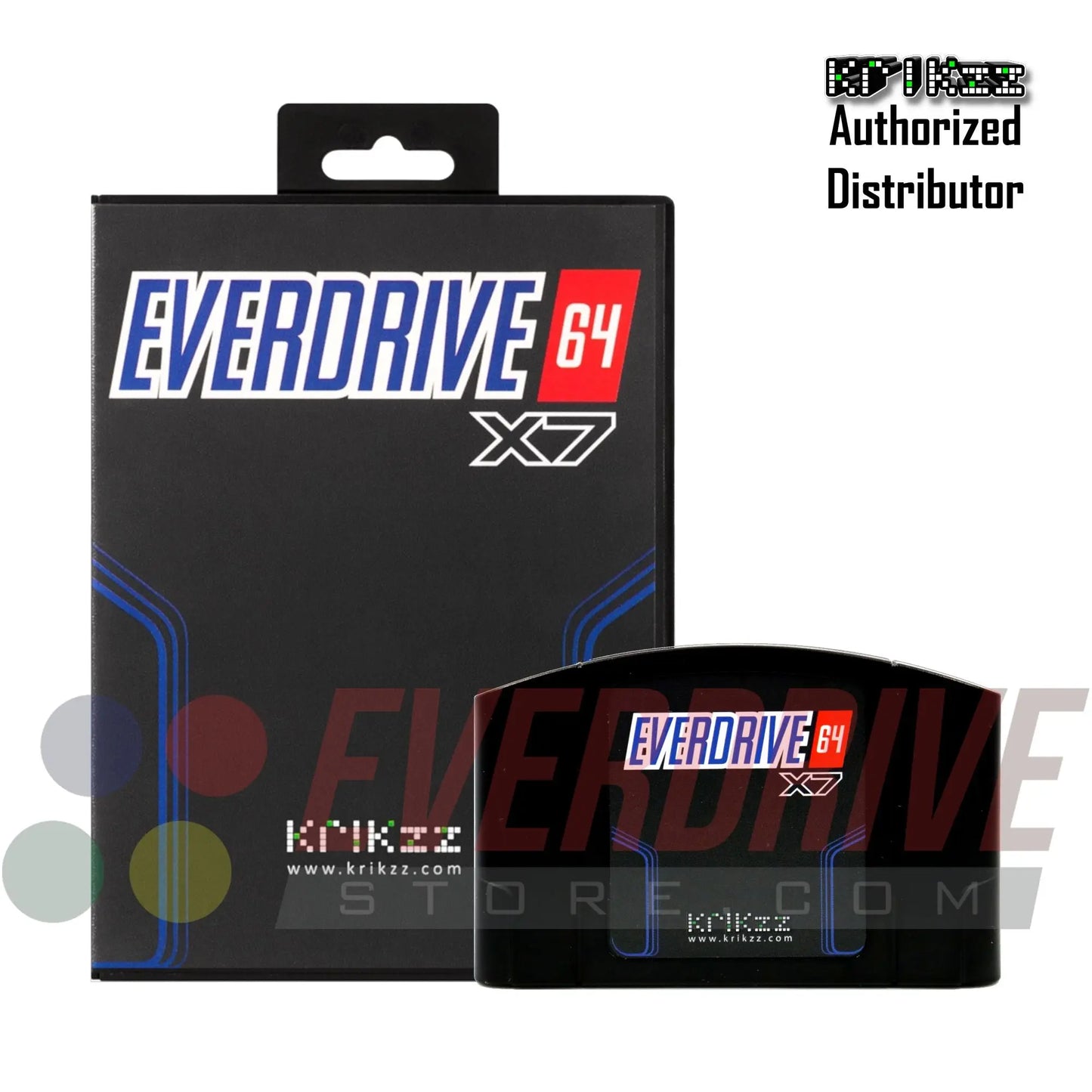 Everdrive 64 X7 Black by Krikzz for N64 in front of its case with watermark