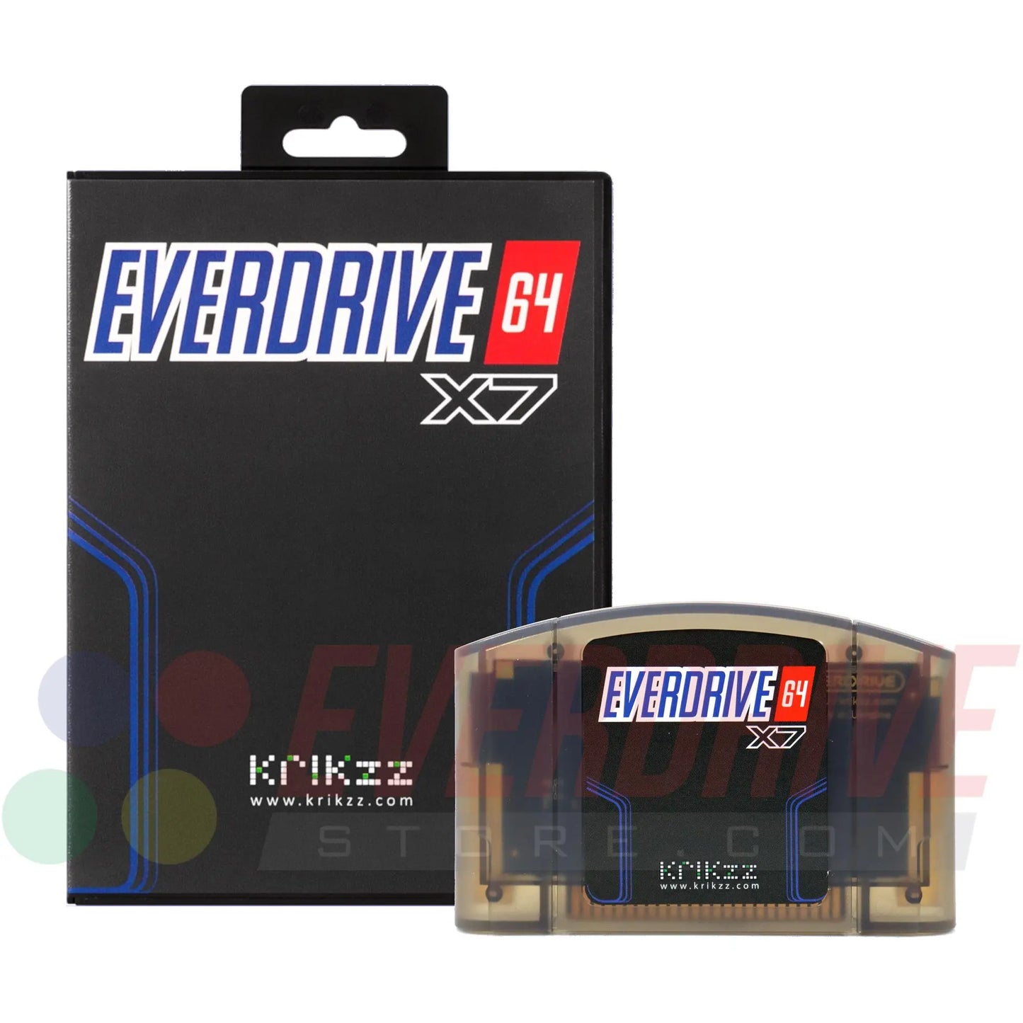 Everdrive 64 X7 - Frosted Black by Krikzz for N64 in front of its case