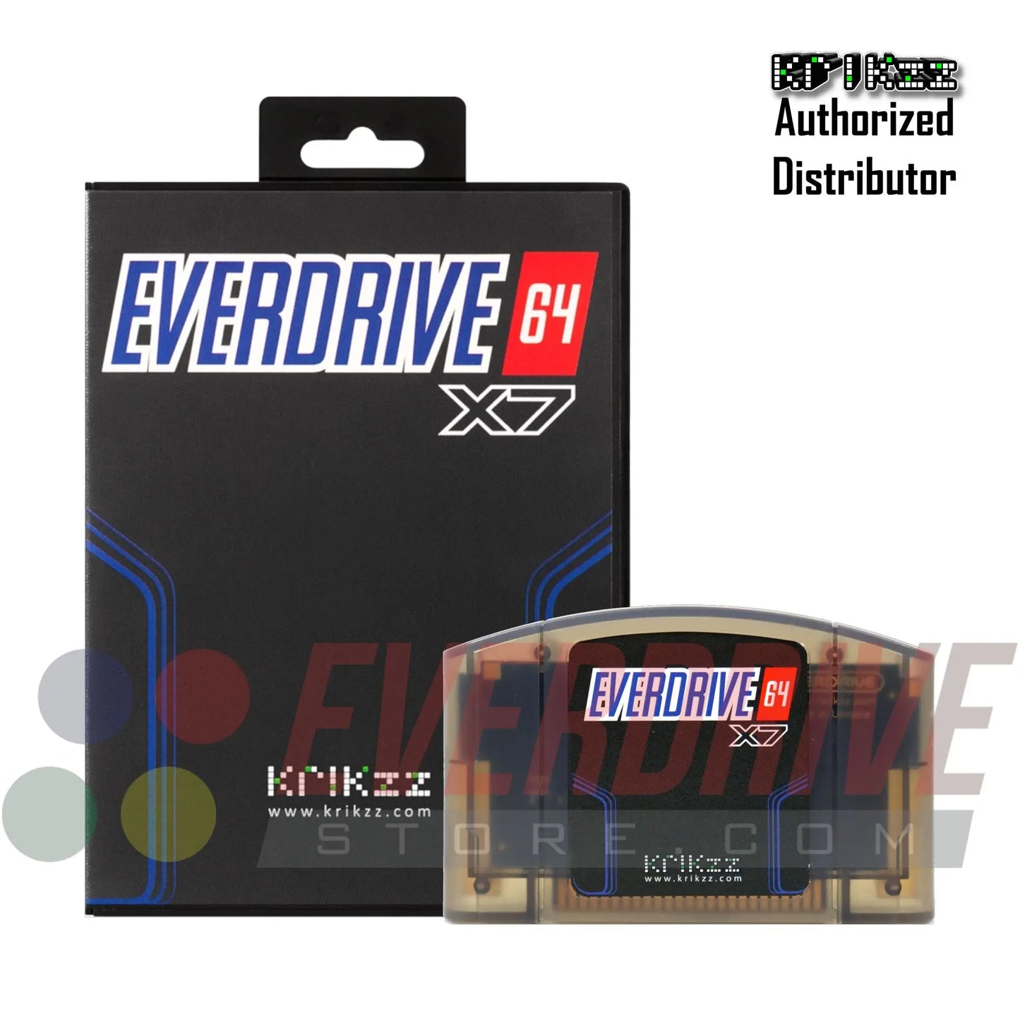 Everdrive 64 X7 - Frosted Black by Krikzz for N64 in front of its case With Krikzz watermark 