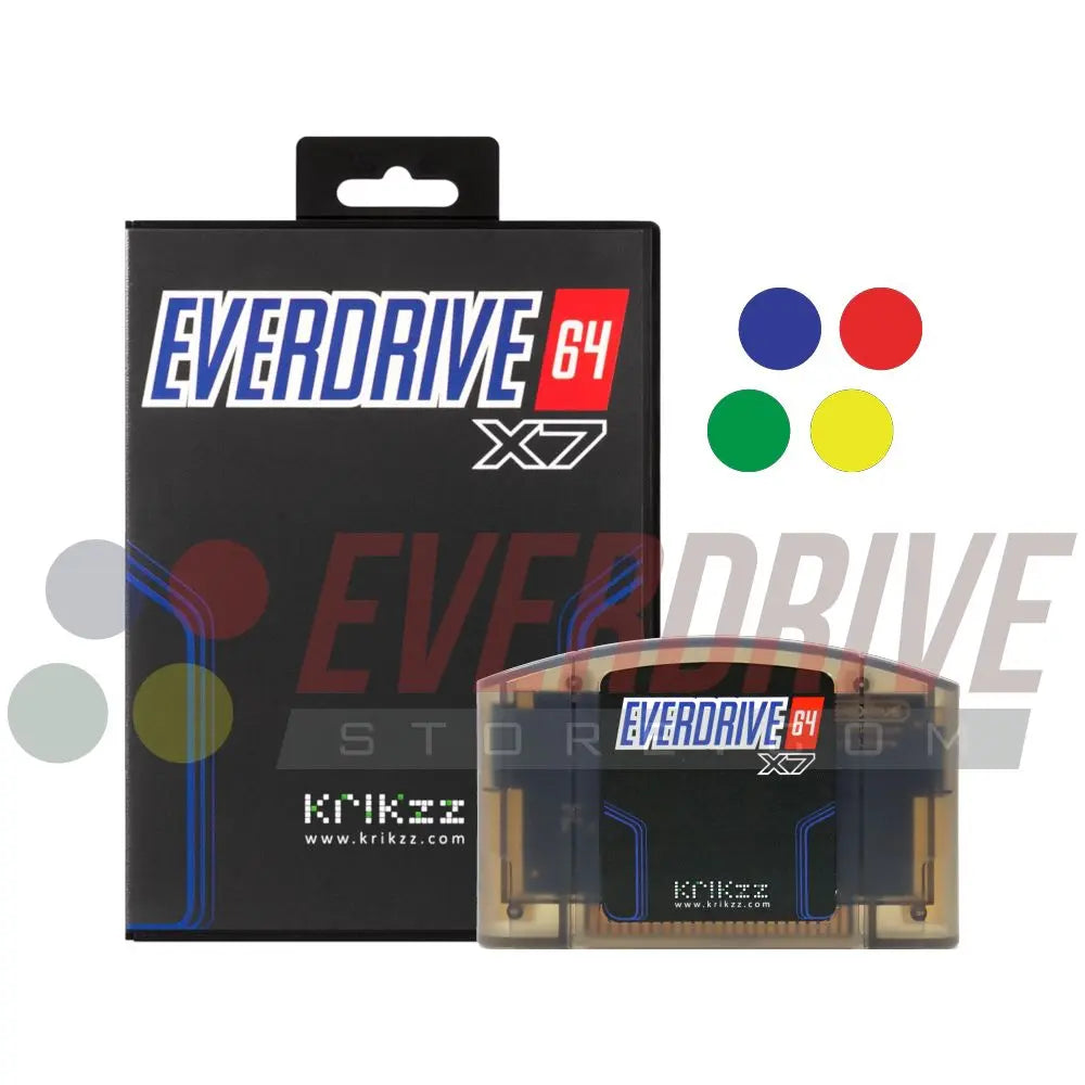 Everdrive 64 X7 - Frosted Black by Krikzz for N64 in front of its case With EverdriveStore watermark 