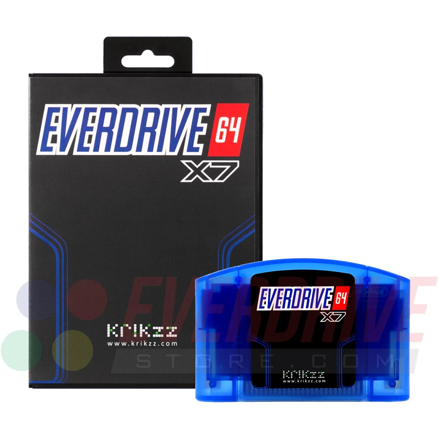 Everdrive 64 X7 - Frosted Blue by Krikzz for N64 in front of its case