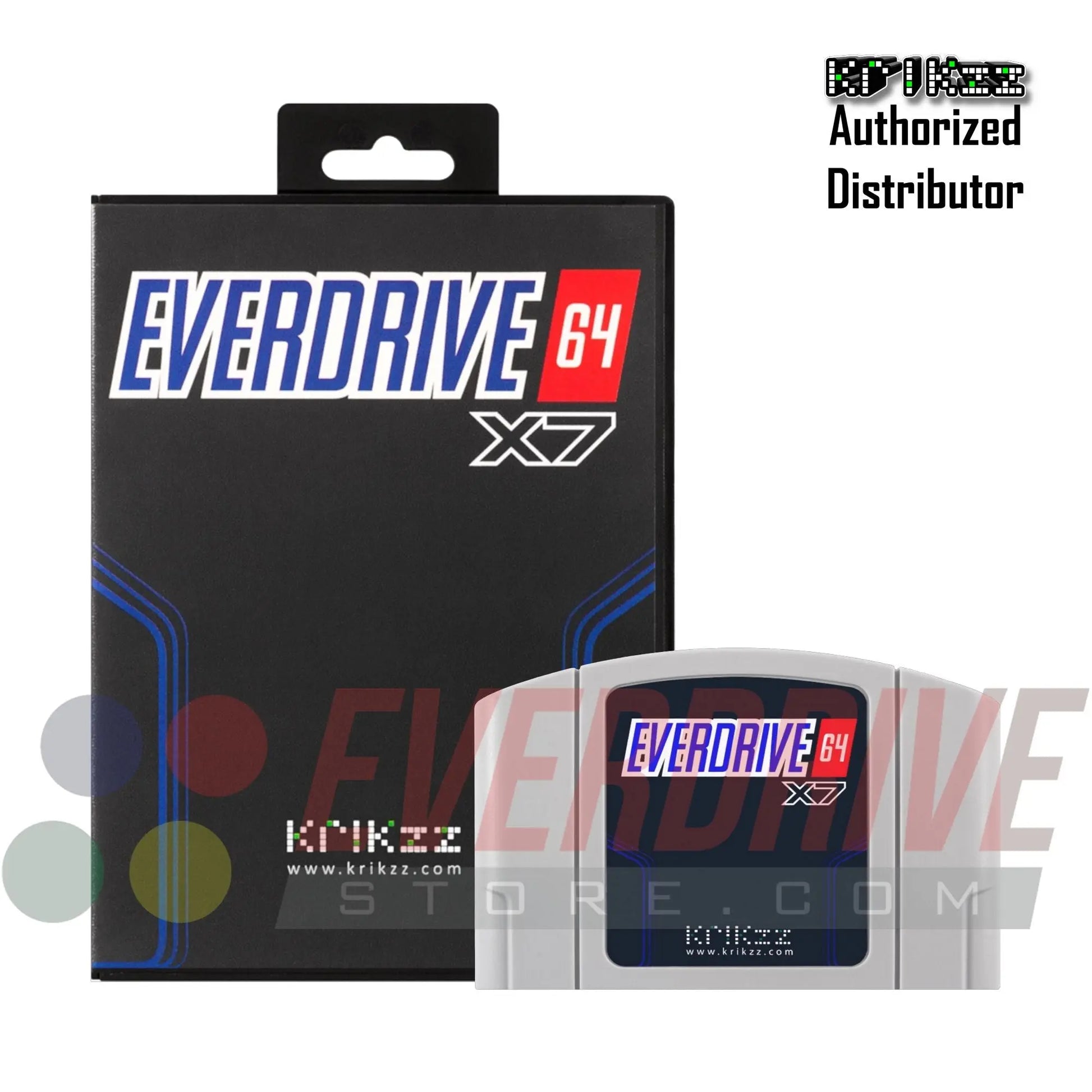 Everdrive 64 X7 - Gray by Krikzz for N64 in front of its case With Krikzz watermark