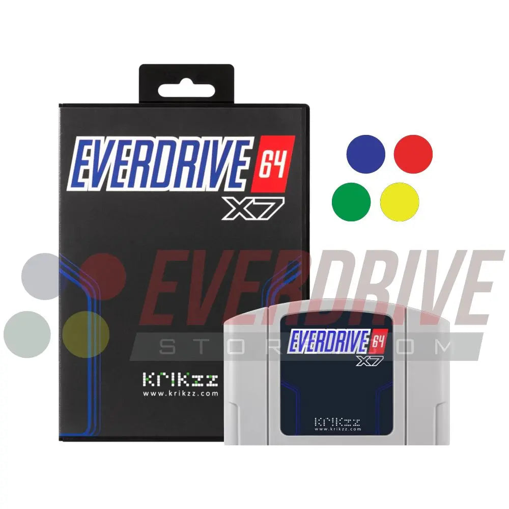 Everdrive 64 X7 - Gray by Krikzz for N64 in front of its case With EverdriveStore watermark