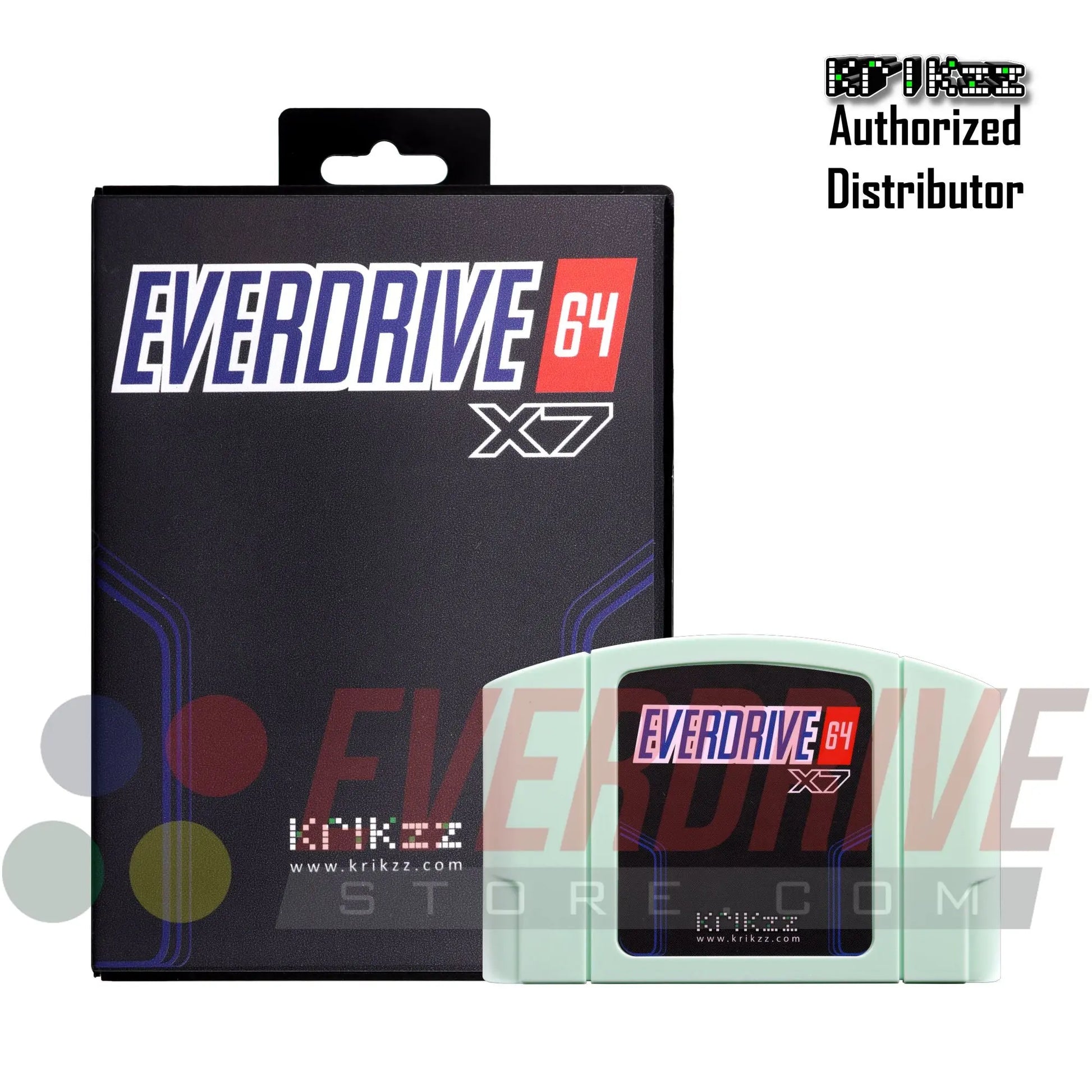 Everdrive 64 X7 - Mint by Krikzz for N64 in front of its case With Krikzz watermark 