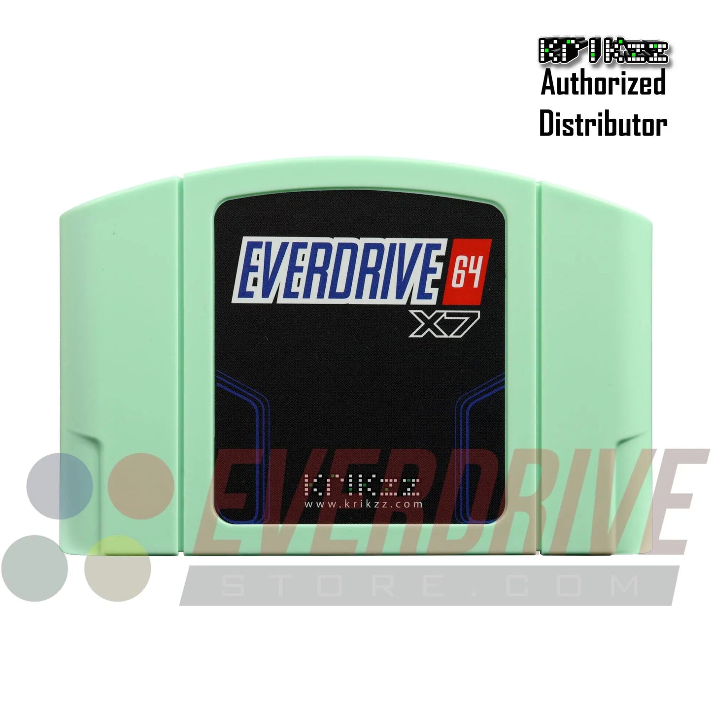 A Front view of Everdrive 64 X7 - Mint by Krikzz for N64 with Krikzz Watermark